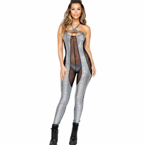 Roma Rave/Festival Wear 1pc Two-Tone Sheer & Snakeskin Catsuit