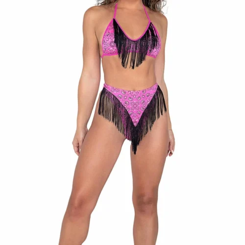 Roma Metallic Printed Bikini Top With Fringe Detail Rave/Festival Wear