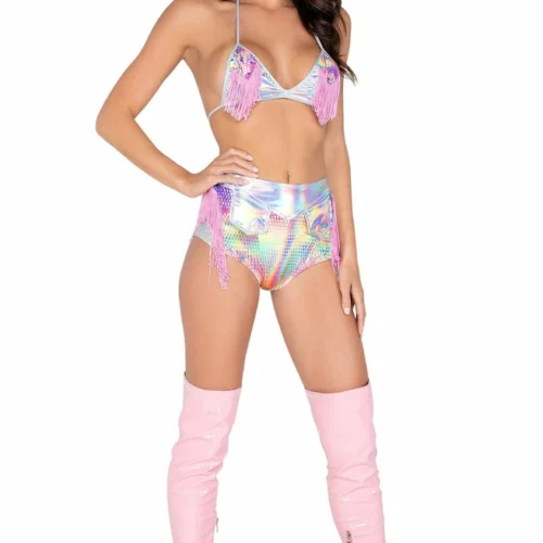 Roma Rave/Festival Wear Shiny Bikini Top With Fringe Detail