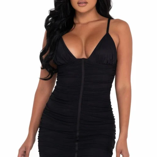 Roma Plunge Ruched Mesh Mini Dress