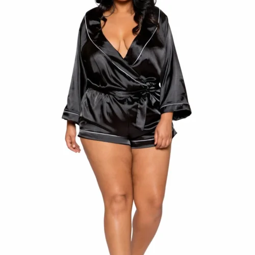 Roma Lingerie Chic Cozy Collared Satin Romper With Tie