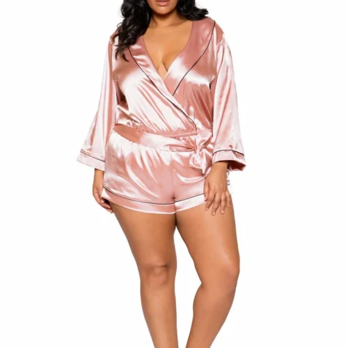 Roma Lingerie Chic Cozy Collared Satin Romper With Tie