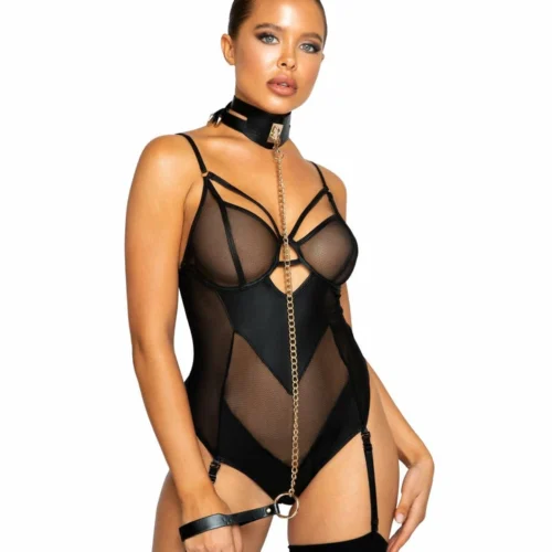Roma Netted Matte Bodysuit With Garter Set Lingerie