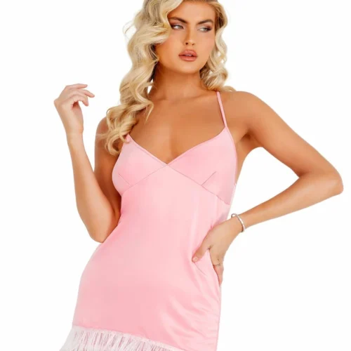 Roma Soft Satin Chemise With Ostrich Feathered Trim