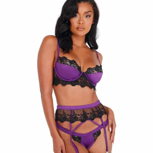 Roma 3pc Embroidered Lace & Satin Bralette Garter Set Lingerie