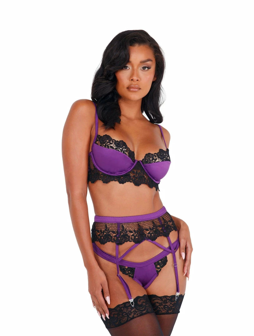 Roma 3pc Embroidered Lace & Satin Bralette Garter Set Lingerie 3 Roma 3pc Embroidered Lace & Satin Bralette Garter Set Lingerie