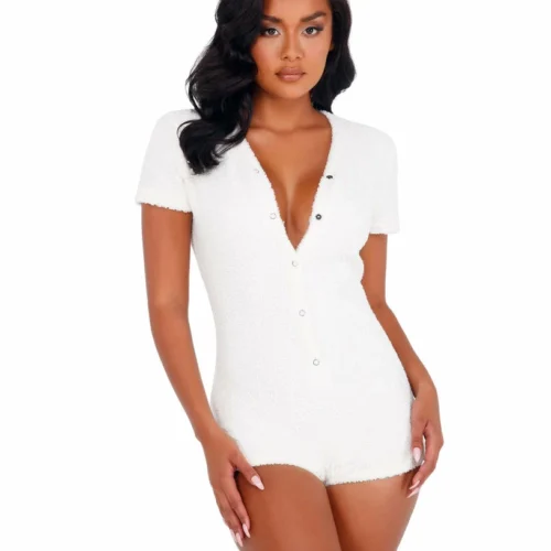 Roma 1pc Cozy & Comfy Fuzzy Romper With Snap Closure Lingerie