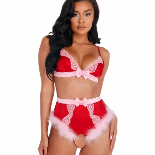 Roma Lingerie 2pc Lace & Satin Marabou Bra Set