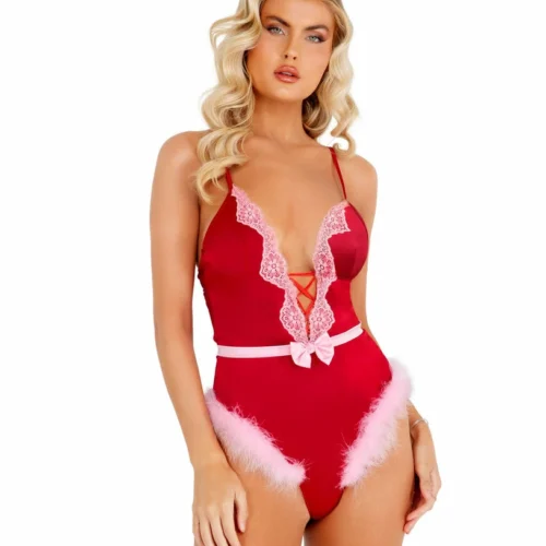 Roma Lingerie 1pc Marabou Satin Teddy With Bow Detail