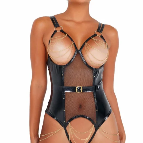 Roma 2pc Vinyl Bodysuit With Chain Detail Lingerie
