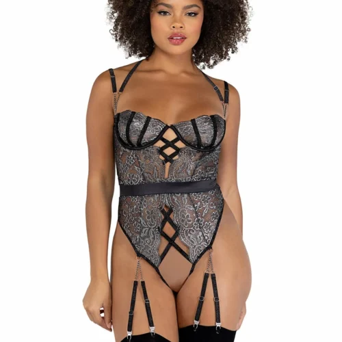 Roma Sparkle Gartered Crotchless Teddy Lingerie