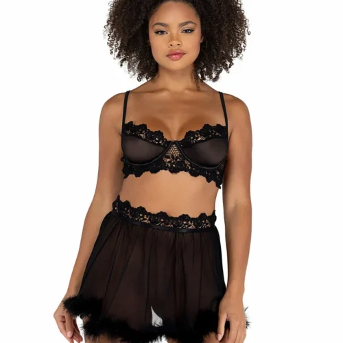 Roma 2pc Mesh Underwire Bralette & Skirt Set With Faux Fur Detail Lingerie