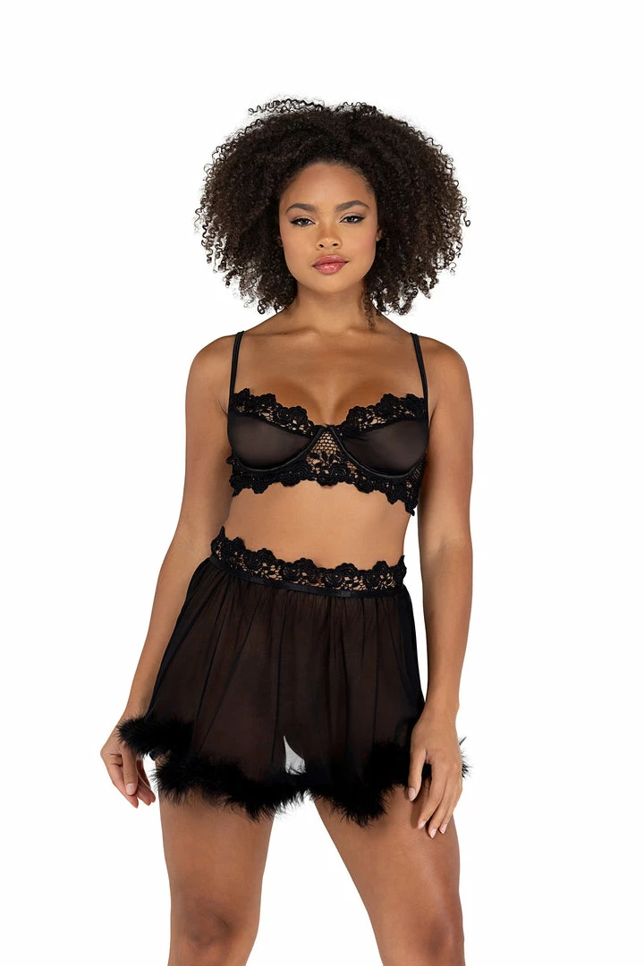 Roma 2pc Mesh Underwire Bralette & Skirt Set With Faux Fur Detail Lingerie 3 Roma 2pc Mesh Underwire Bralette & Skirt Set With Faux Fur Detail Lingerie