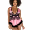 Roma 2pc Satin & Lace Babydoll With Tie & Faux Feather Detail Lingerie