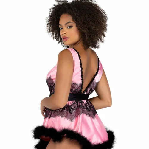 Roma 2pc Satin & Lace Babydoll With Tie & Faux Feather Detail Lingerie