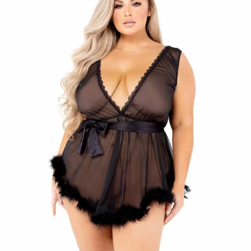 Roma Lingerie Low Cut Mesh Babydoll With Faux Fur Trim & Satin Tie