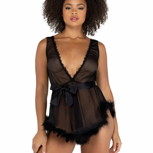 Roma Lingerie Low Cut Mesh Babydoll With Faux Fur Trim & Satin Tie