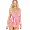 Roma Lingerie Low Cut Mesh Babydoll With Faux Fur Trim & Satin Tie
