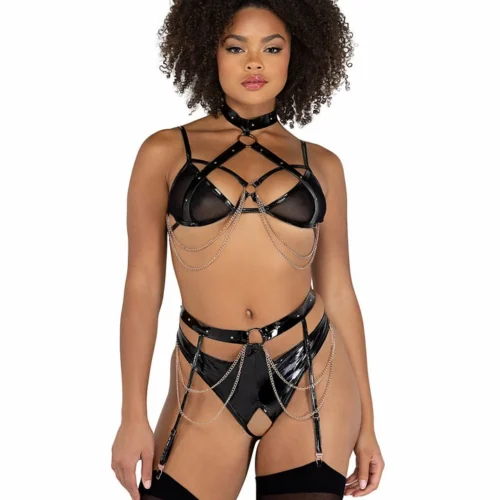 Roma Lingerie 2pc Vinyl & Chain Crotchless Bra Set