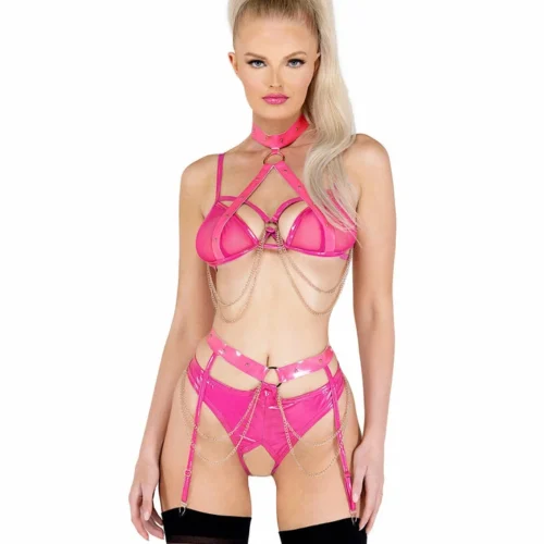 Roma Lingerie 2pc Vinyl & Chain Crotchless Bra Set
