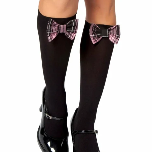 Roma Hosiery Pair Of Black Stockings With Black And Pink Plaid Bow