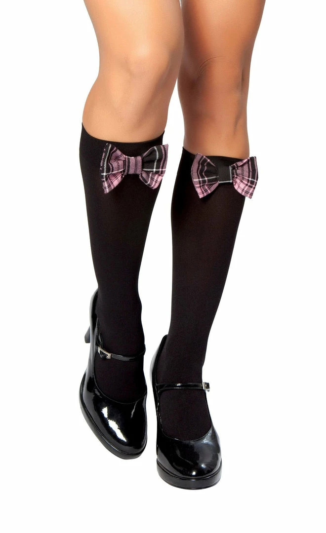 Roma Hosiery Pair Of Black Stockings With Black And Pink Plaid Bow 3 Roma Hosiery Pair Of Black Stockings With Black And Pink Plaid Bow